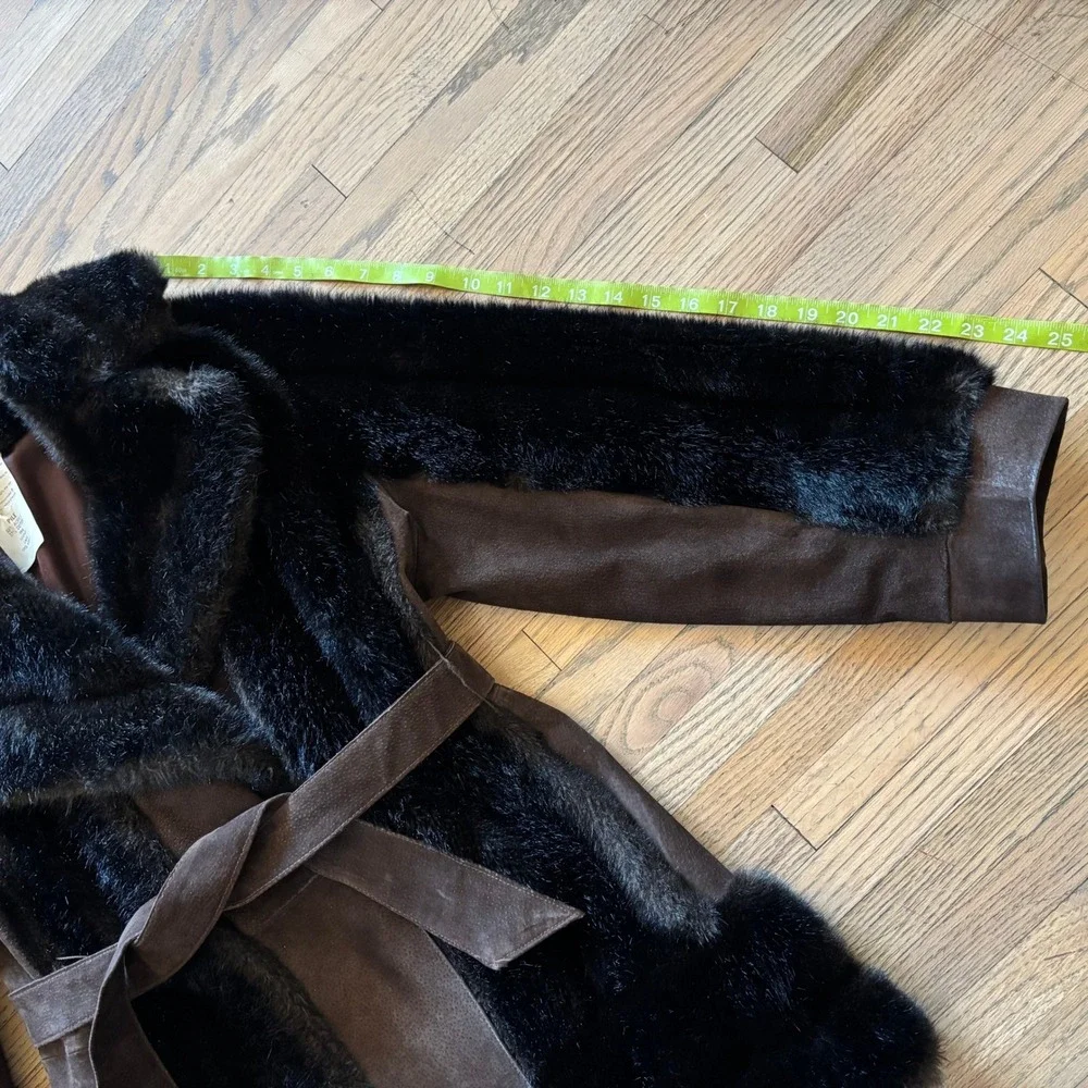 Vintage Rosewin Tissavel Brown Faux Fur Suede Belted Mid Coat Jacket Womens M‎ L